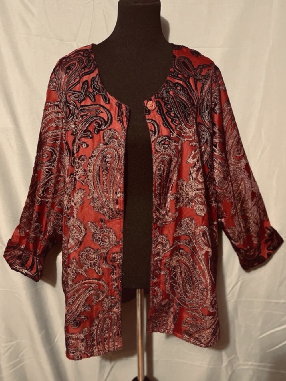 Coldwater Creek Burgundy Burnout Velvet Paisley 1 Button Jacket/Cardigan Sz 1X